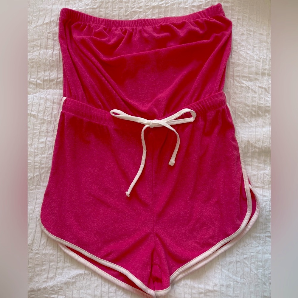 One Step Up Pink Romper with White Trim